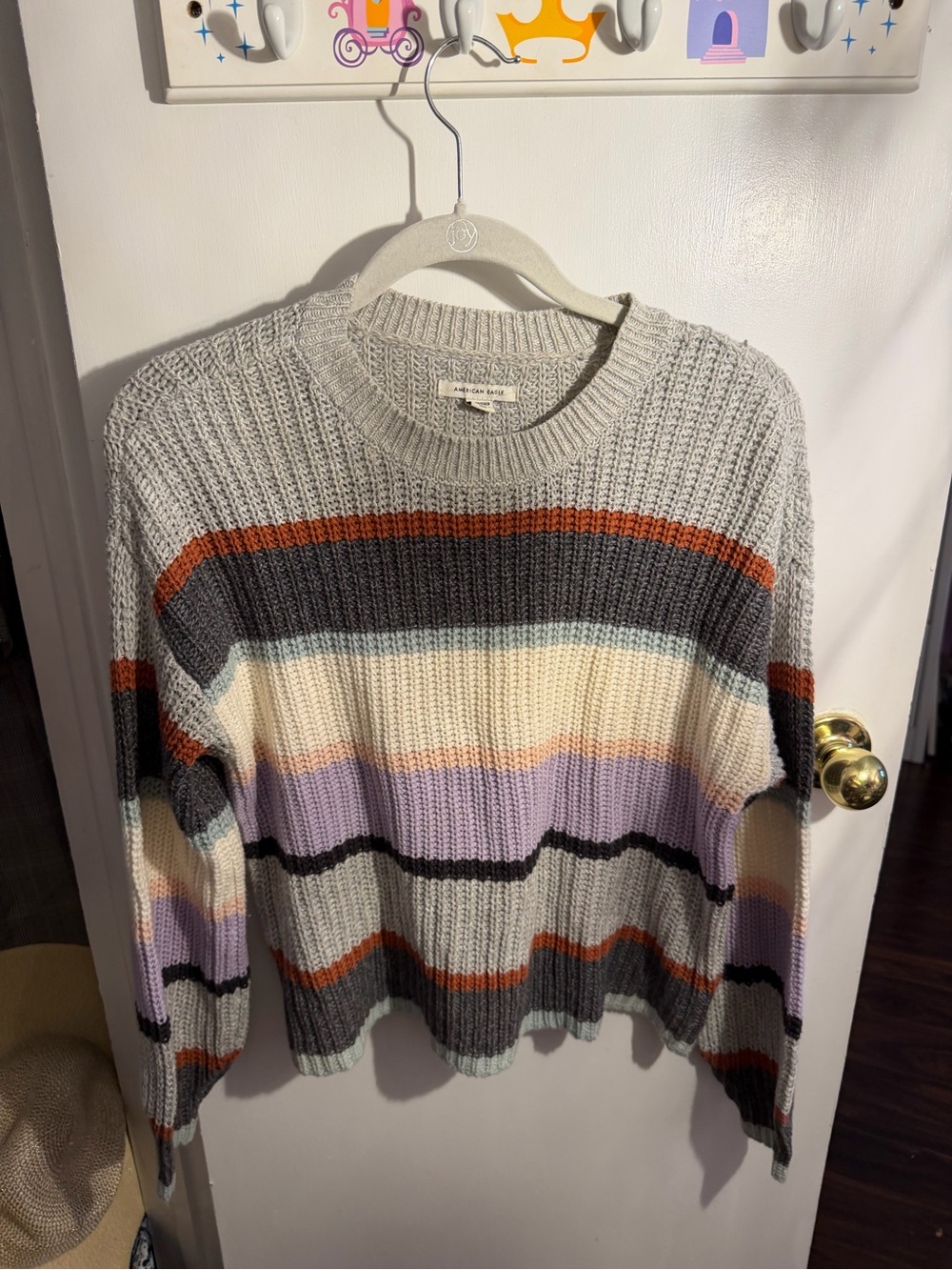 American Eagle Outfitters Striped Crewneck Sweater in Gray, Cream & Lavender